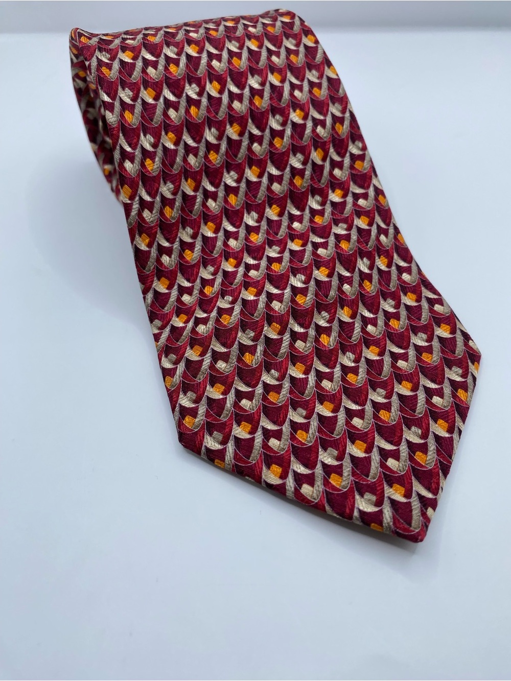 Ermenegildo Zegna Burgundy Silk Tie with Gold and Cream Geometric Motif